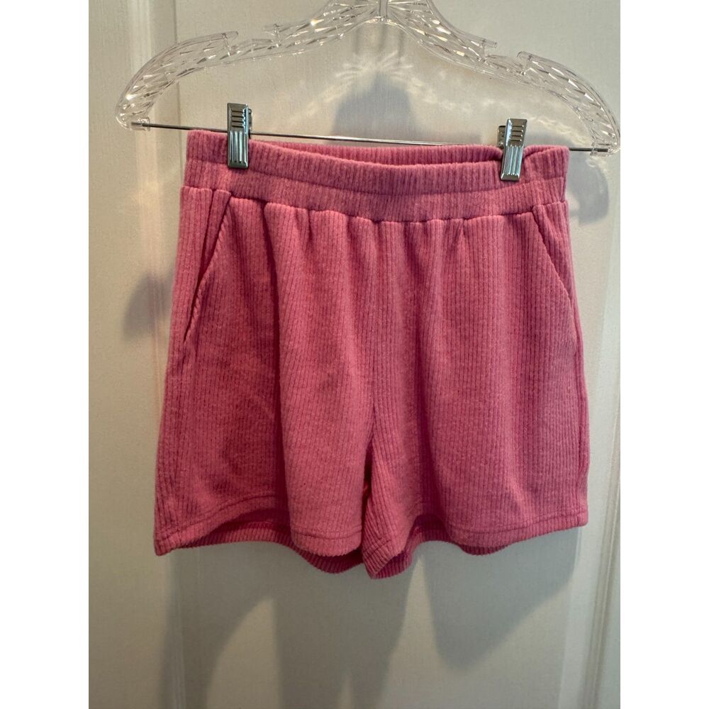 Zenana Pink Ribbed Knit Lounge Shorts - High Waisted Pockets - Size Small